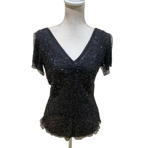 Adrianna Papell boutique black silk beaded & sequined flutter sleeve top medium